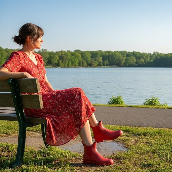 Women's Red Pointed Toe Waterproof Chelsea Double Elastic Ankle Rain Boots - Picture 2 of 7